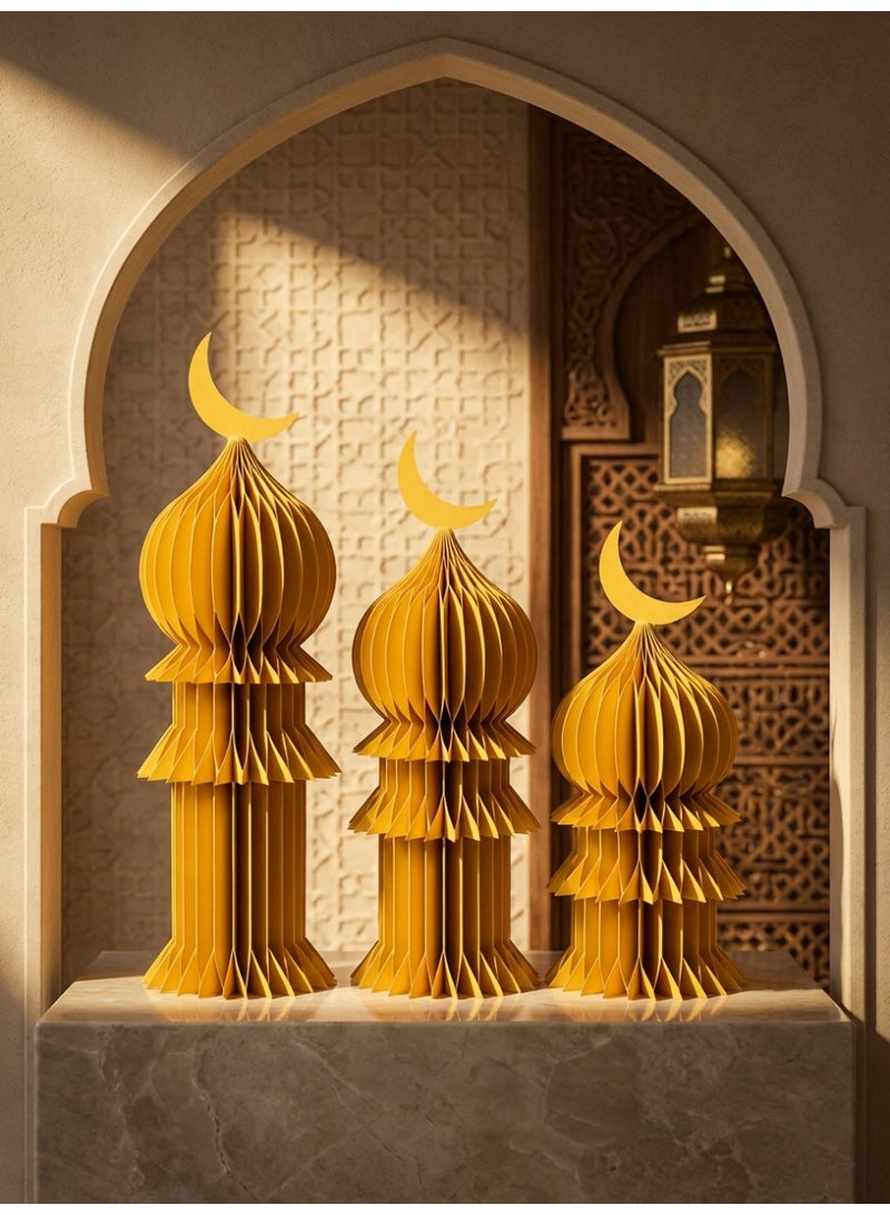 Tanseeq مجموعة حاملات المسجد الورقية الذهبية على شكل خلية نحل عدد 3 لتزيين رمضان الأنيق زينة مركز الطاولة الإسلامية لاحتفالات عيد مبارك لوازم الحفلات قابلة للطي زينة المسجد ديكور منزلي محايد - Image 3